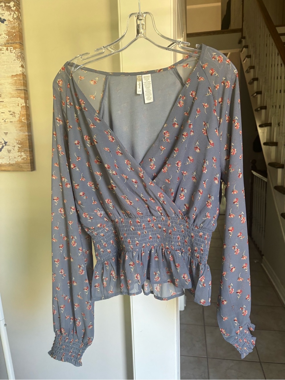 Japna Dusty Blue Floral Smocked Wrap Blouse